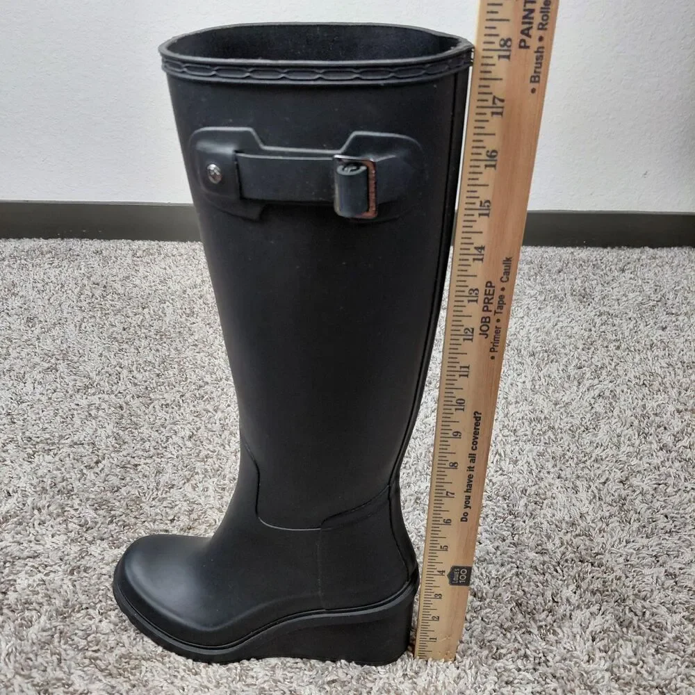 Hunter Original Refined Mid Wedge Tall Boots Womens 8 Black Rain Ourdoor